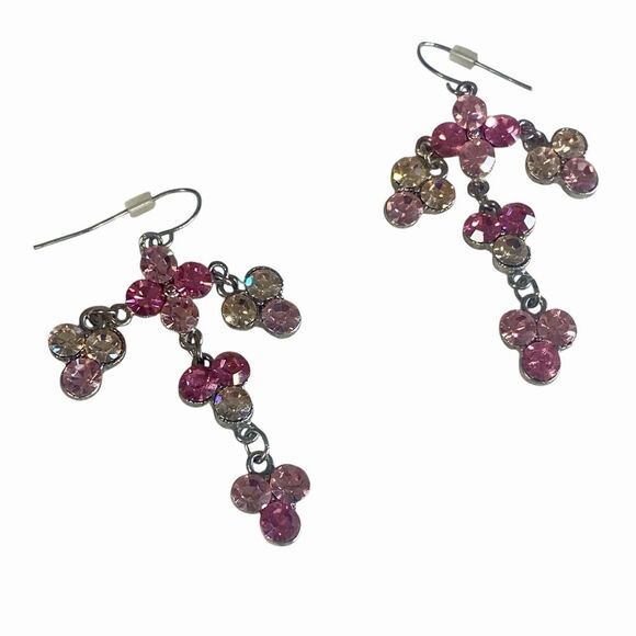 Pink and Silver Cluster Drop Earrings Elegant Sparkly Dangle Style - Picture 1 of 6